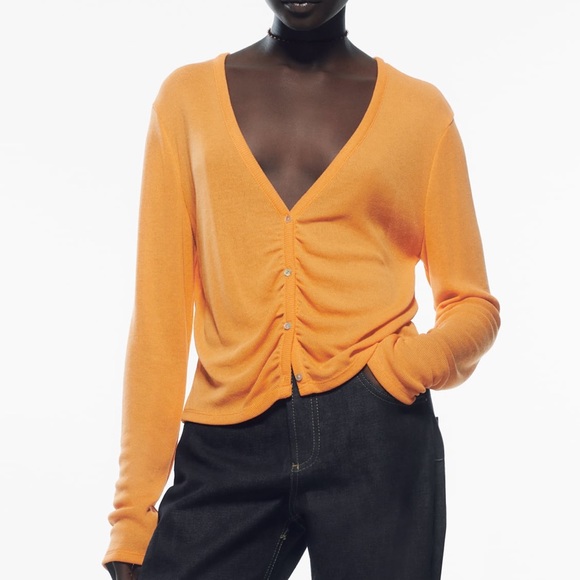 Zara Sweaters - ZARA Buttoned Ruched Cardigan V-Neck Long Sleeves Women’s Large Neon Orange